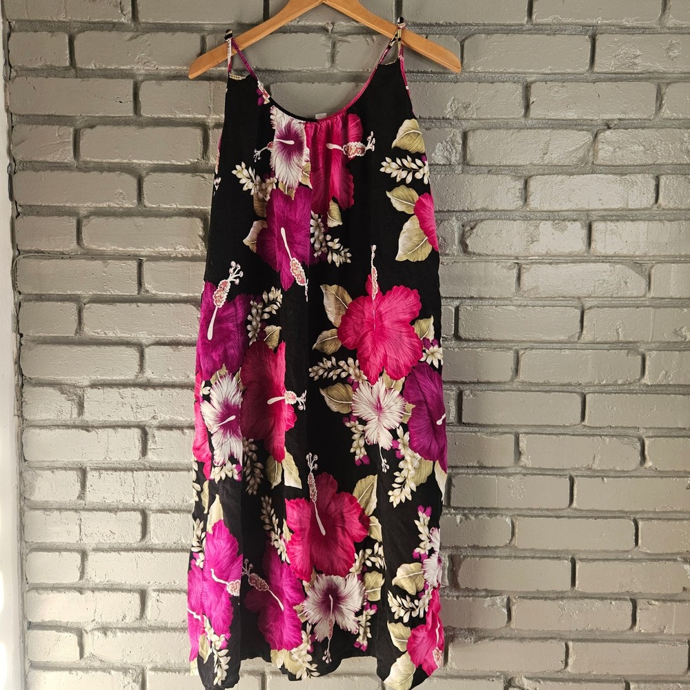 Vintage Tropical Hibiscus Floral Slip Dress Black Pink Hibiscus Print FAIR